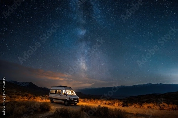 Obraz Serene Night under Stars with a Camping Van in Open Landscape