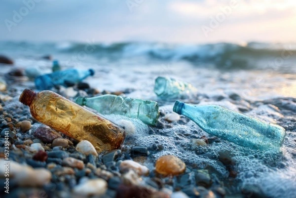 Obraz Sea Pollution with Plastic Bottles on Rocky Beach Shoreline