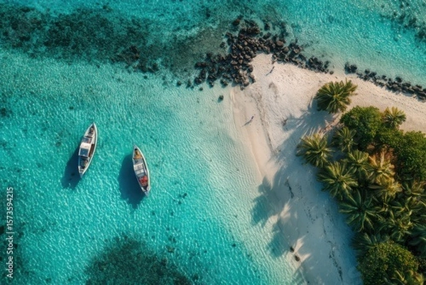 Obraz Serene Tropical Beach with Boats and Crystal Clear Water Aerial View