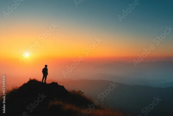 Obraz Solitary Adventurer Gazing at Vibrant Sunset Over Mountainscape