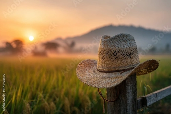 Obraz Straw Hat on Fence Post with Scenic Sunrise in Rice Field