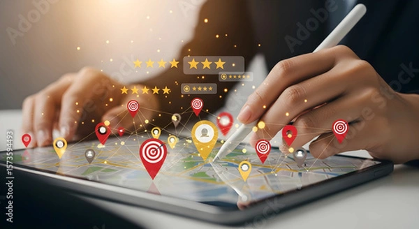 Obraz Tablet Map with Pins and Ratings