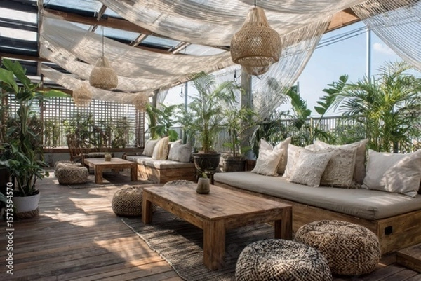 Obraz Stylish Indoor Terrace with Bohemian Decor and Abundant Greenery