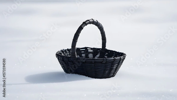 Fototapeta Black silhouette of a traditional handwoven basket with curved handle, centered on a pure white background, evoking rustic charm, simplicity, and artisanal nostalgia with elegant minimal contrast
