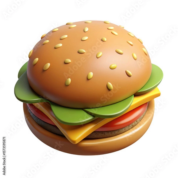 Obraz Stylized 3d burger with sesame seed bun isolated on transparent background