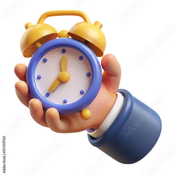 Obraz Stylized cartoon hand holding a blue and yellow alarm clock isolated on transparent background