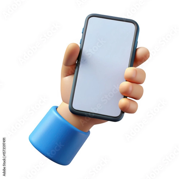 Obraz Cartoon hand holding a smartphone with blank screen isolated on transparent background