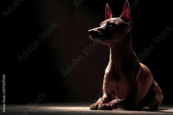 Obraz A hairless dog sits in a dramatic spotlight against a dark background facing left