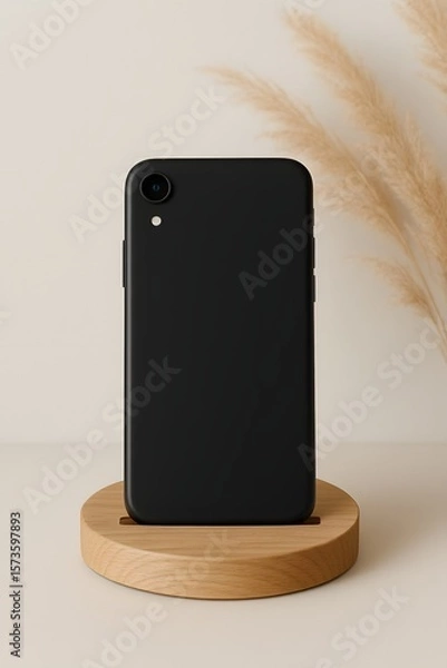 Fototapeta Minimalist black smartphone standing vertically on wooden round platform with neutral background and dried pampas grass, ideal for tech branding, mockup, or modern lifestyle themes

