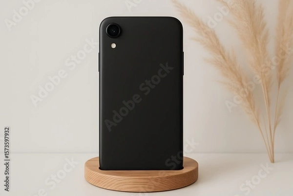 Fototapeta Minimalist black smartphone standing vertically on wooden round platform with neutral background and dried pampas grass, ideal for tech branding, mockup, or modern lifestyle themes


