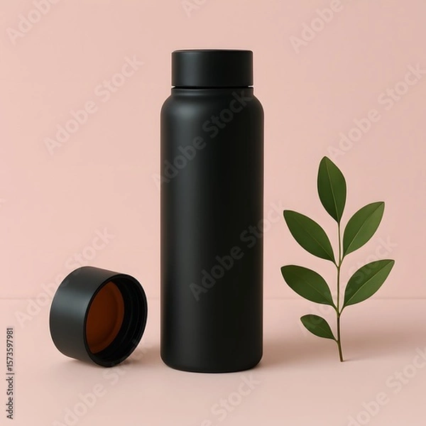 Fototapeta Minimalist black thermos bottle with detached lid and green leaf on soft pink background, representing eco-friendly lifestyle, hydration, and sustainable product design aesthetics

