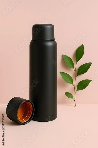 Fototapeta Minimalist black thermos bottle with detached lid and green leaf on soft pink background, representing eco-friendly lifestyle, hydration, and sustainable product design aesthetics

