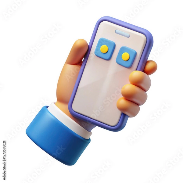 Obraz Cartoon hand holding a modern smartphone with app icons isolated on transparent background