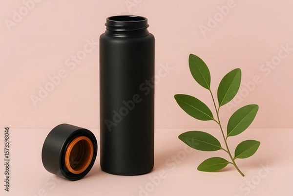 Fototapeta Minimalist black thermos bottle with detached lid and green leaf on soft pink background, representing eco-friendly lifestyle, hydration, and sustainable product design aesthetics

