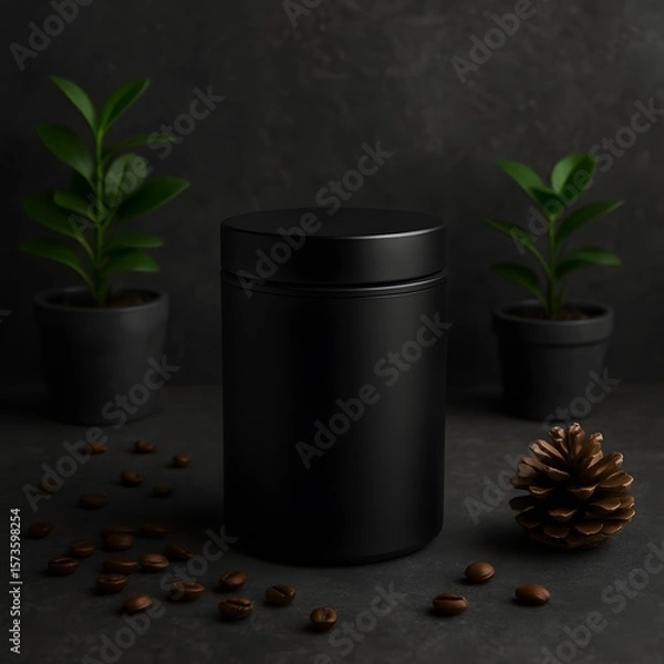 Fototapeta Matte black cylindrical container on dark stone background with pinecone, scattered seeds, and potted green plants, ideal for product branding, packaging, or natural cosmetics themes

