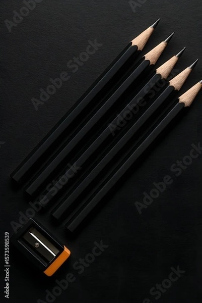 Fototapeta Minimalist top view of six black wooden pencils aligned next to a black and orange sharpener on a dark background, perfect for creative, educational, or design-related themes

