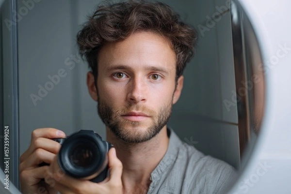 Obraz A man with curly hair  beard holds a camera reflected in a round mirror wearing a gray shirt set against a plain background