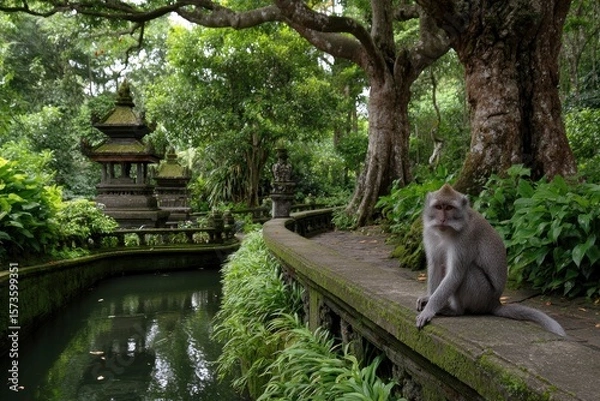 Obraz A monkey sits on a mossy wall beside a temple waterway