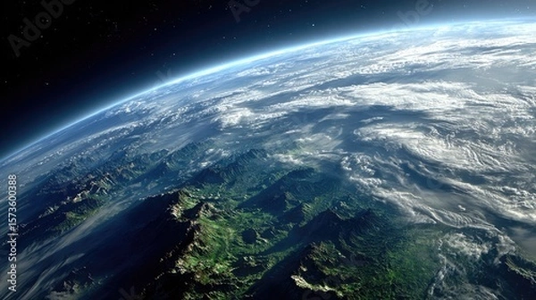 Obraz Earth from space showing vibrant blue oceans, green and brown mountainous terrains, white cloud