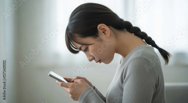 Obraz スマホを操作する若い女性　ストレートネック　スマホ首