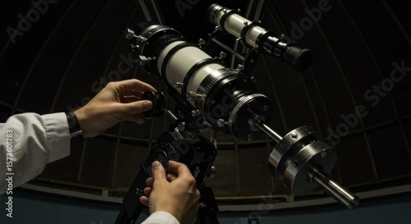 Fototapeta Astronomer Adjusting Telescope in Observatory Dome: Nighttime Celestial Exploration