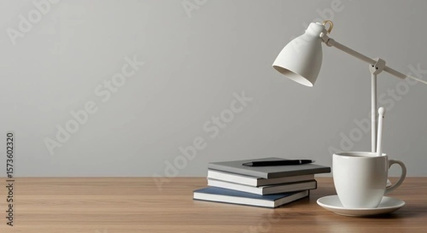 Fototapeta Modern Desk Setup with White Lamp Notebooks and Coffee Cup on Wooden Surface Demonstrating Focused Workstation