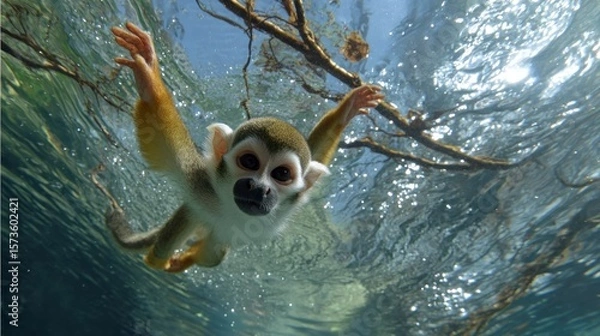 Obraz Monkey swimming underwater