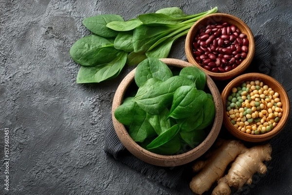 Obraz A topdown shot of spinach beans peas and ginger on a dark gray textured surface