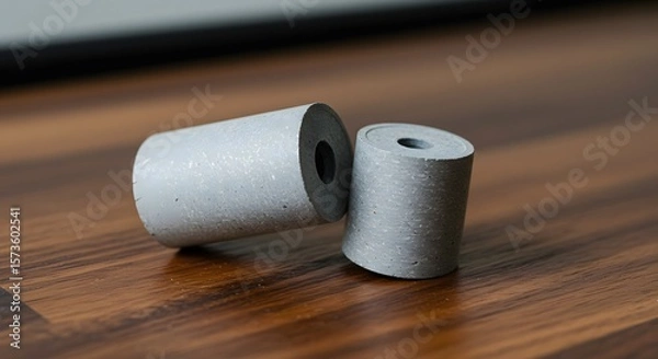 Fototapeta Two textured gray cylindrical components with open centers resting on a wooden surface in a close up shot