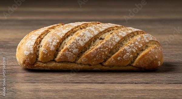 Fototapeta Artisan Rustic Loaf of Bread with Golden Crust and Detailed Scoring on a Textured Wooden Surface