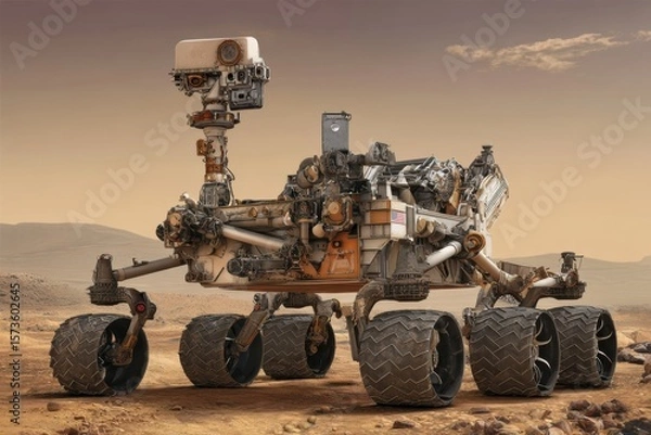 Fototapeta A high-resolution scene of a Mars rover robot with black wheels exploring the red Martian landscape.