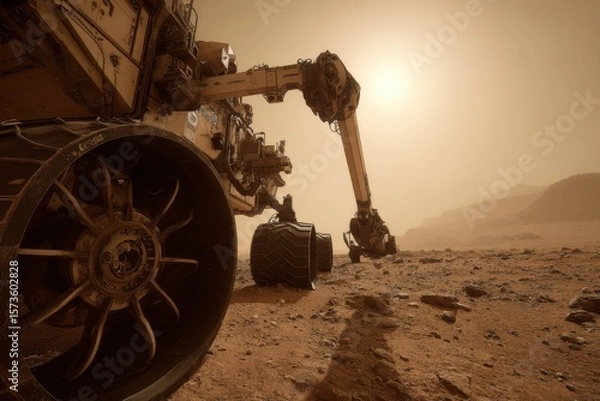Fototapeta A high-resolution scene of a Mars rover's robotic arm on the ground, ready for exploration.