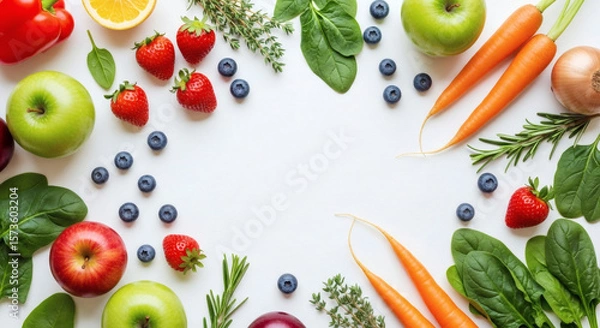 Obraz Vibrant assortment of fresh fruits and vegetables on a clean white background
