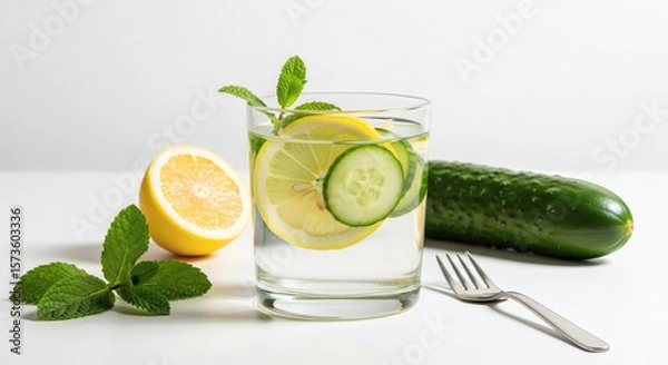 Fototapeta Refreshing Detox Drink: Lemon, Cucumber, and Mint Infusion for Wellness and Hydration