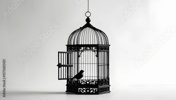 Fototapeta Black silhouette of an ornate birdcage with an open door, suspended in mid-air on a pure white background, symbolizing freedom, solitude, and quiet escape in a minimal, emotional composition