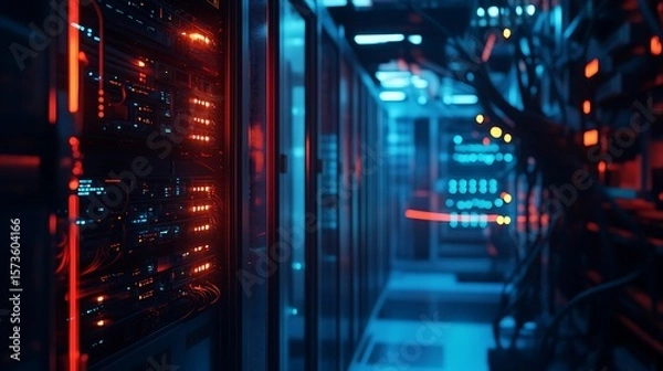 Obraz Exploring Server Room with Glowing Lights in Data Center