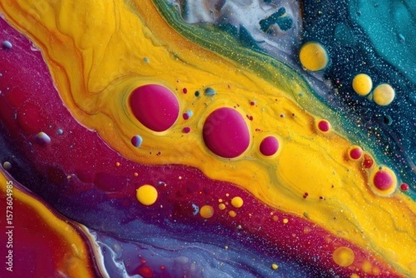 Obraz Abstract mix of yellow pink purple and blue paints with scattered droplets creates a swirling colorful texture