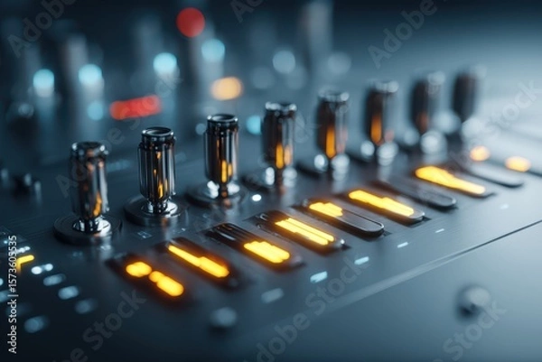 Fototapeta A detailed close-up image of a futuristic mixer with various knobs and buttons, showcasing modern technology and innovation.