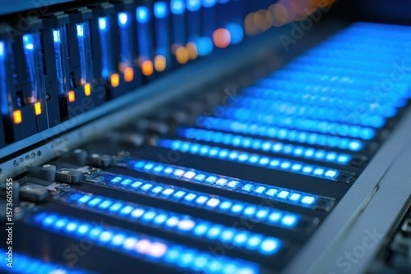 Fototapeta A close up of a futuristic computer with many blue lights illuminating the screen and keyboard, creating a high-tech and visually striking image.