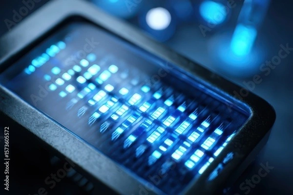 Fototapeta A detailed close-up shot of a futuristic cell phone emitting a blue light, creating a sci-fi and high-tech vibe.