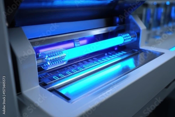 Fototapeta A close-up of an ultra-detailed blue and white machine with a blue light, resembling a futuristic DNA structure.