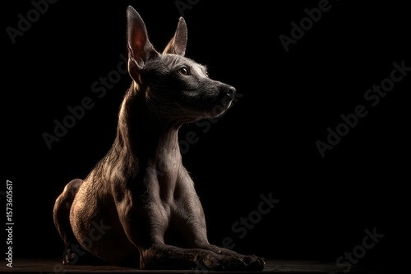 Obraz An attentive Xoloitzcuintli dog sits in partial shadow muscles defined against a dark backdrop