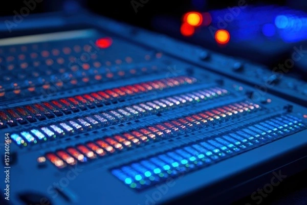 Fototapeta A close-up view of a futuristic sound board with colorful lights illuminating the controls, creating a visually striking image.