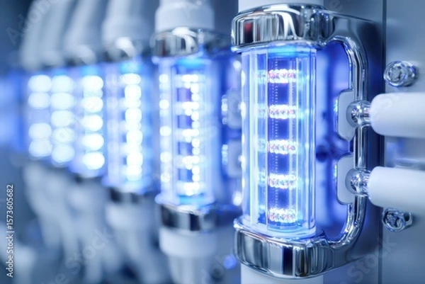 Fototapeta A close-up view of a futuristic DNA strand with ultra-detailed features, illuminated by a row of lights.