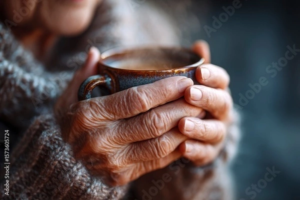 Obraz An elderly person holds a steaming mug wearing a cozy sweater closeup on hands and cup