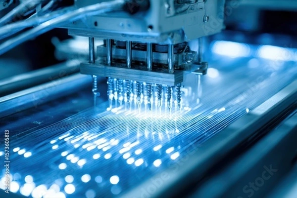 Fototapeta A close-up view of a futuristic machine cutting metal with precision. The intricate details of the machine and the sparks flying off the metal create a dynamic and high-tech image.