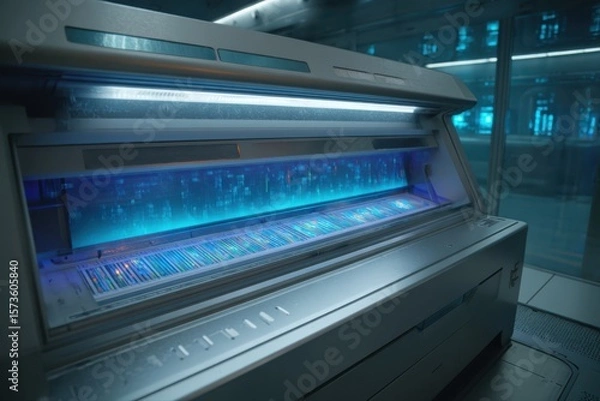 Fototapeta A close-up view of an ultra-detailed futuristic DNA machine with a blue light illuminating it.