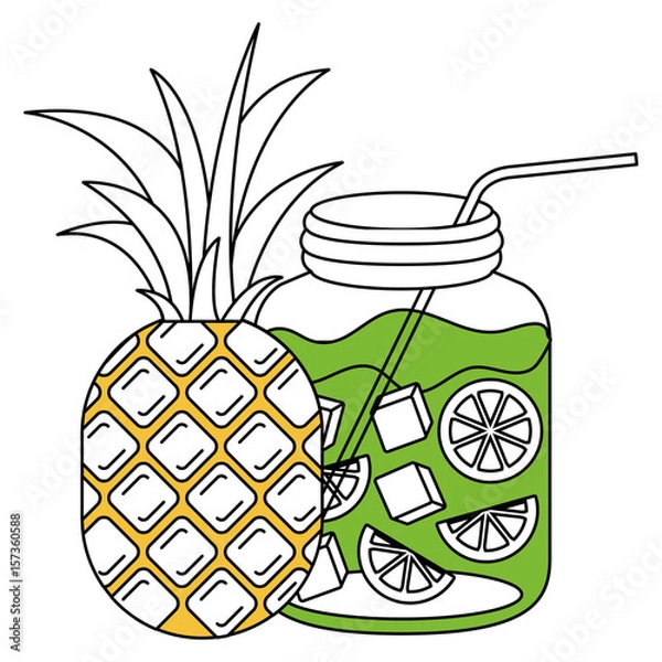 Fototapeta silhouette color section of pineapple fruit and bottle with citrus drink vector illustration