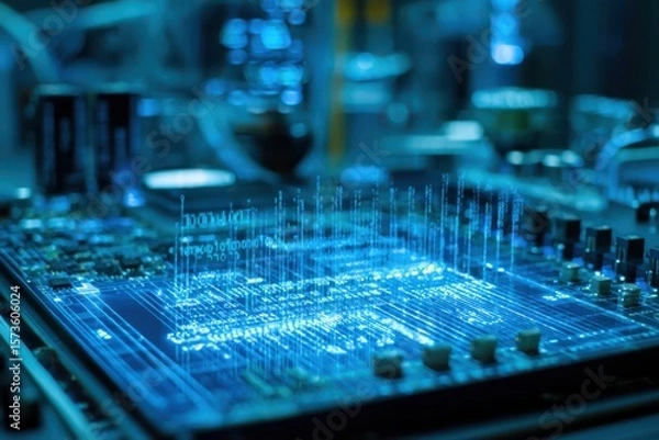 Fototapeta A detailed close-up of a futuristic circuit board with numerous electronic components, resembling a DNA structure.