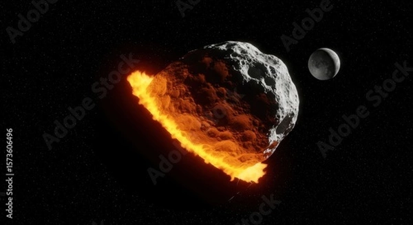 Fototapeta Fiery Asteroid Approaching Moon Dramatic Space Collision Imminent Celestial Event